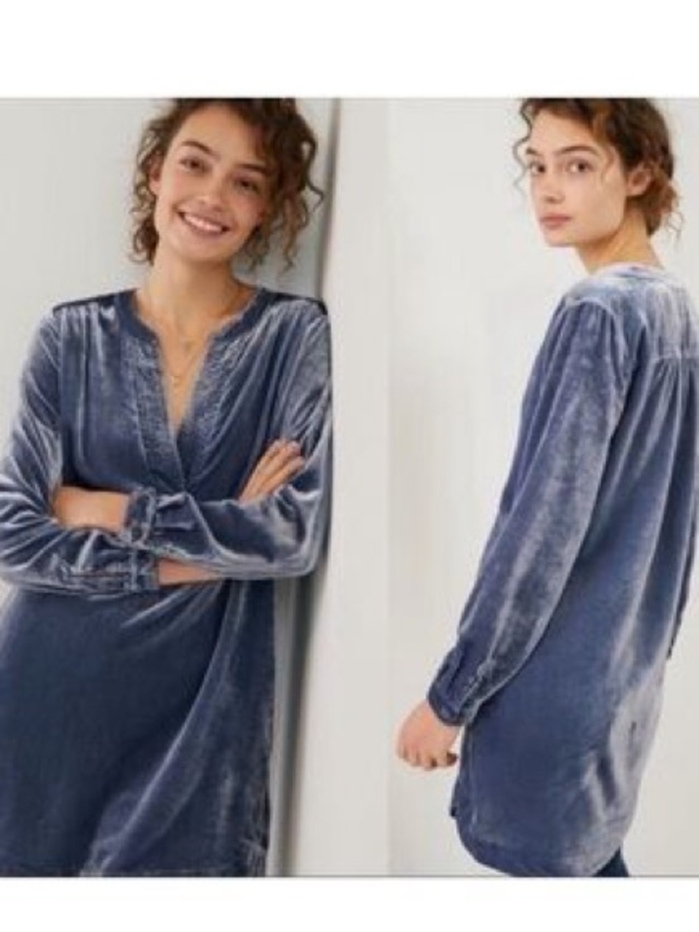 ANTHROPOLOGIE Blue Velvet Long Sleeve Tunic Dress